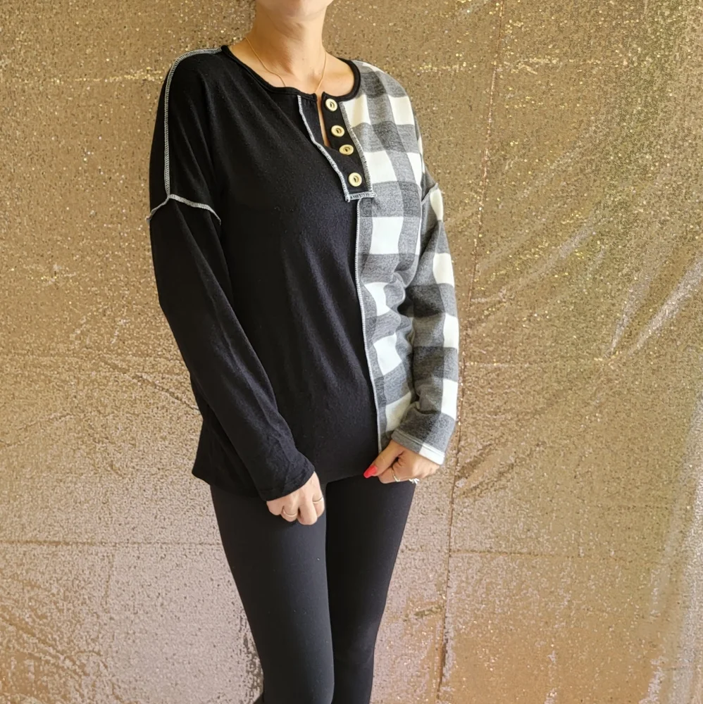 Plaid Half and Half Button Down Knit Top - Picture 9 of 9